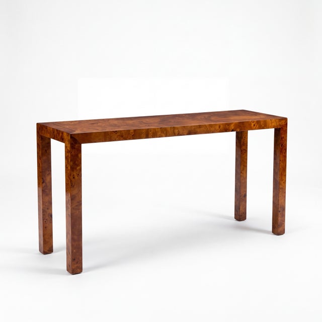 1970s Milo Baughman Style Burl Olive Wood Parsons Style Console Table For Sale In Atlanta - Image 6 of 6