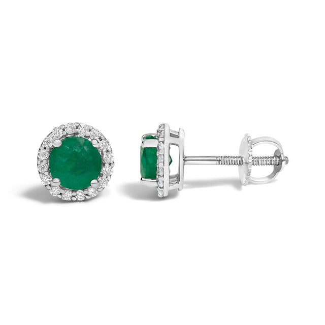 Contemporary 10K White Gold Green Emerald and 1/6 Cttw Diamond Halo Stud Earring For Sale - Image 3 of 5