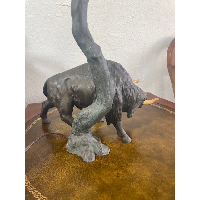 Antique Art Nouveau Table Lamp With North American Bison Sculpture For Sale - Image 4 of 8