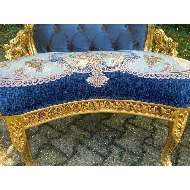 1980s French Louis XVI Blue Gold Beech Velvet Settee For Sale - Image 9 of 14