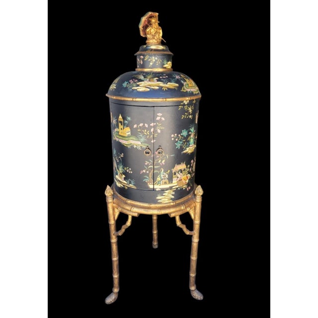 1980s Monumental Chinoiserie Hollywood Regency Handpainted Tea Caddy Shaped Faux Bamboo Dry Bar Storage Cabinets- A Pair For Sale - Image 9 of 16