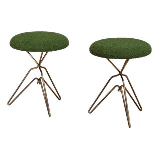 Italian Modern Sculptural Tripod Brass Stools in Green Bouclé, 1950s, Set of 2 For Sale