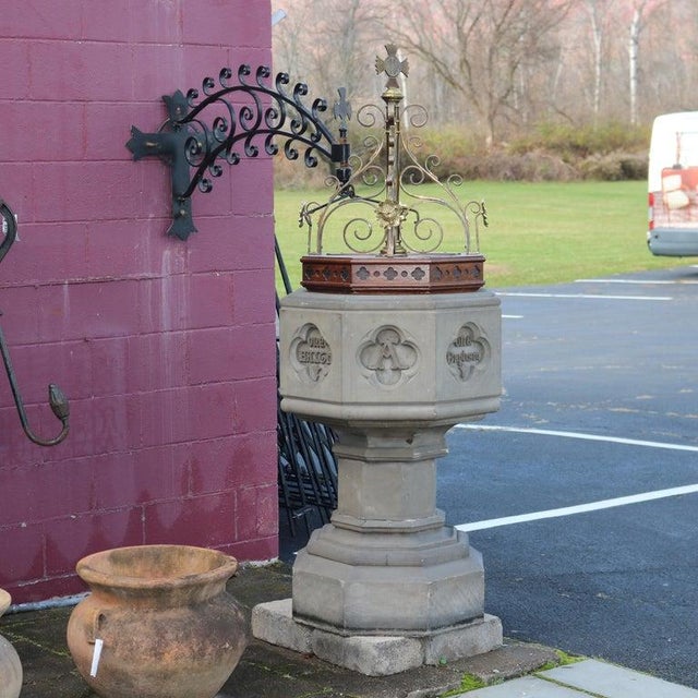 Antique Gothic Hardstone, Brass, Oak & Wrought Iron Baptismal With Boom 19thC For Sale - Image 12 of 17