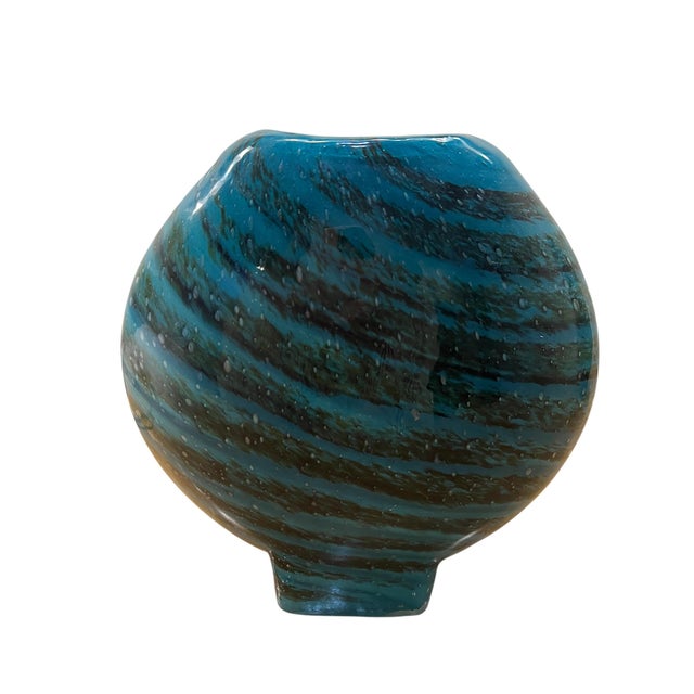 Contemporary Italian Murano Style Teal Swirl Hand-Blown Art Glass Vase Medium Size For Sale - Image 3 of 3