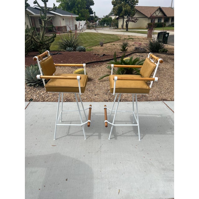 1960s Vintage Mid Century Modern Inca Attributed to Cleo Baldon Swivel Wrought Iron Oak Barstools - Set of 2 For Sale - Image 9 of 13