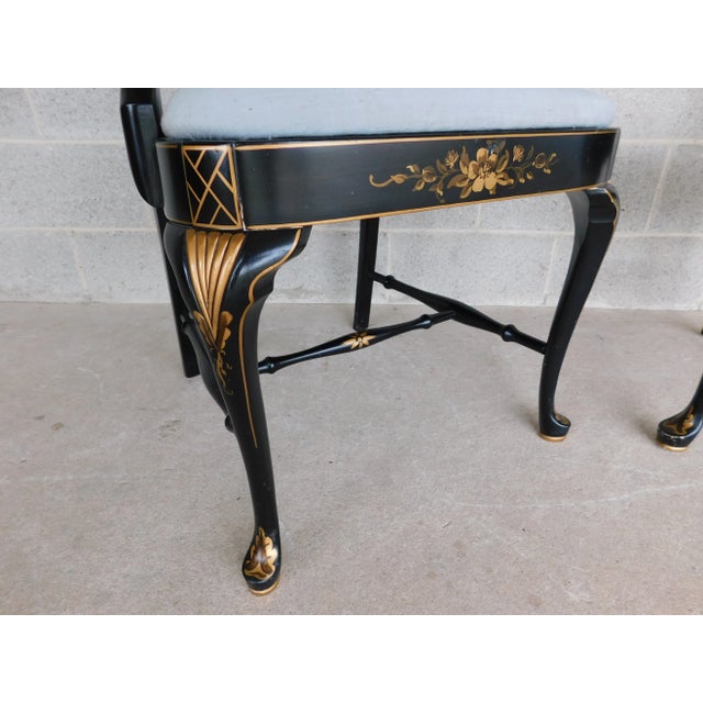 Black Vintage Georgian Style Chinoiserie Decorated Black Lacquer Arm Chairs - A Pair For Sale - Image 8 of 18