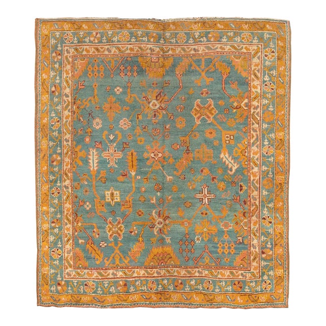 Square Blue Antique Oushak 19th Century Rug - 7'9" x 8'9" For Sale