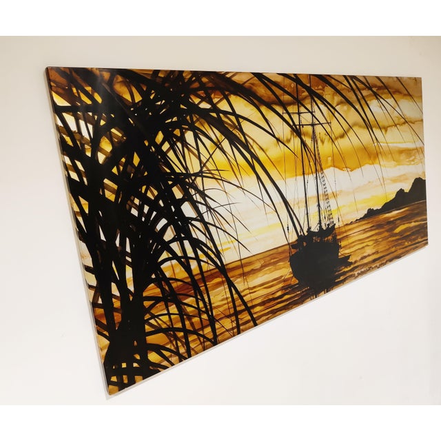 Etched technique - 'Depotter' 19.1.'77 The technique of etching with acid treated metal and a landscape with setting sun...