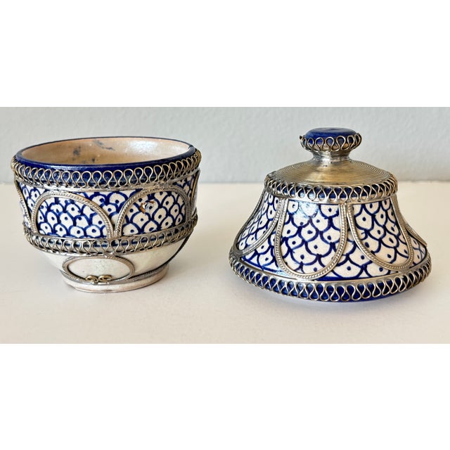 Vintage Moroccan Fez Pottery Lidded Jobbana Jar With Silver Filigree Circa 1980 For Sale - Image 4 of 12