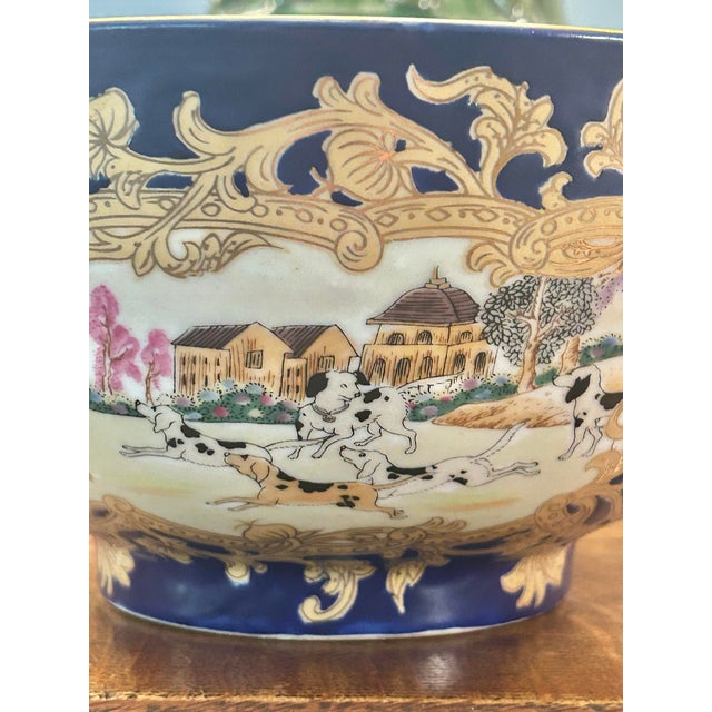 Blue Vintage Chinoiserie Porcelain Equestrian Fox Hunt Scene Bowl in Cobalt Blue & Gilt For Sale - Image 8 of 12