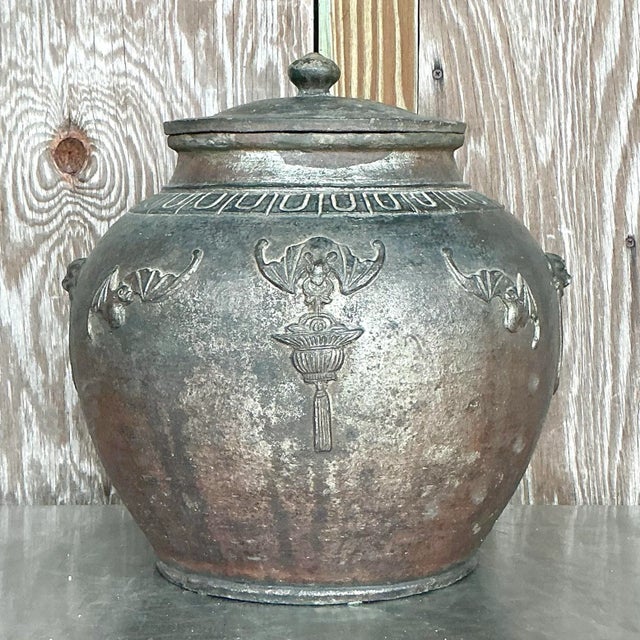 Rustic Vintage Boho Bat Wing Lidded Urn For Sale - Image 3 of 11