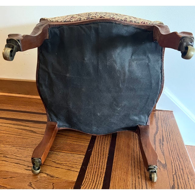 Vintage Tapestry Footstool Ottoman With Cabriole Legs & Brass Casters For Sale - Image 4 of 9