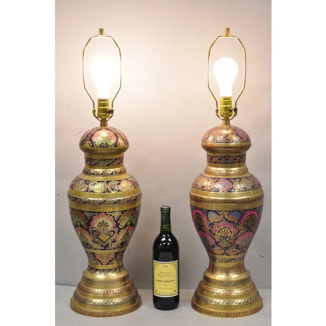 Vintage Boho Chic Brass & Cloisonné Enamel Pink & Blue Jardiniere Urn Table Lamps - (Near Pair). Paint and design slightly...