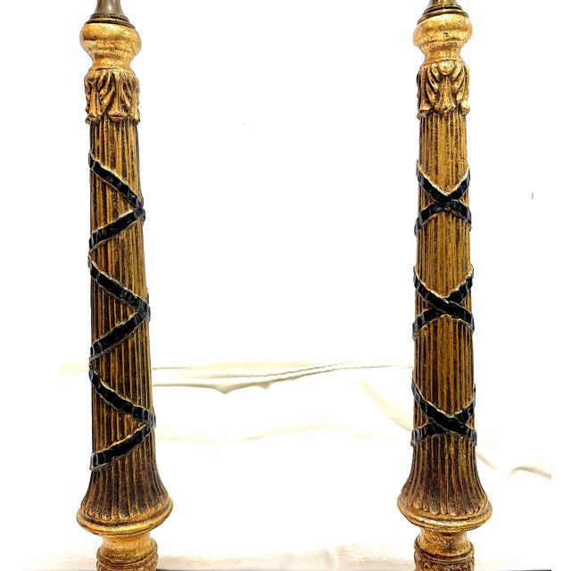 Hollywood Regency Vintage Hollywood Regency Style Gold Leaf Column Candlestick Lamps- A Pair For Sale - Image 3 of 18
