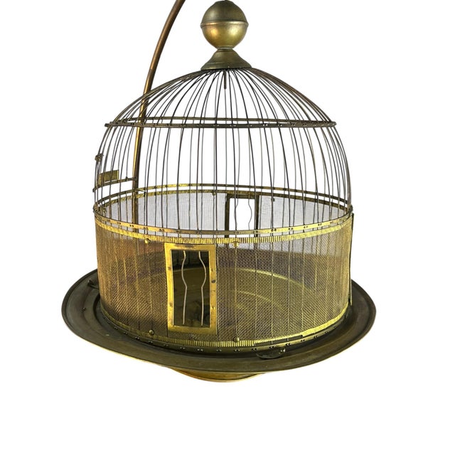 Metal Antique Hendryx Brass Wire Hanging Dome Bird Cage With Stand For Sale - Image 7 of 10