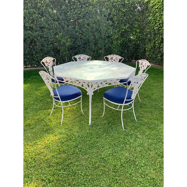 Vintage Woodard Attributed Wrought Iron Patio Dining Table & Chairs Pomegranate 7 Pc Set For Sale - Image 15 of 15