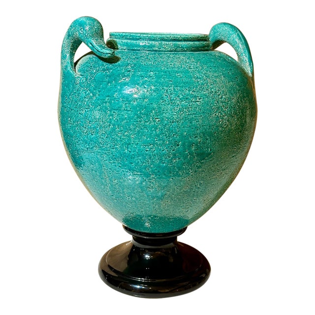 Large 16” Mid 20th Century Style Turquoise Volcanic Ceramic Urn With Zoomorphic Handles For Sale
