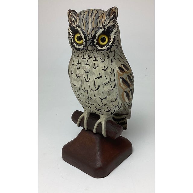 Amazing Hand Carved Hand Painted Folk Art Owl Sculpture. This hand-painted, carved wooden owl sculpture features distinct...