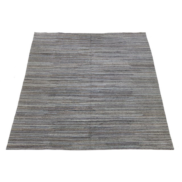 Indian Modern Hand-Knotted Indian Wool Area Rug – Earth Tone Linear Stripe Design 12x15 For Sale - Image 3 of 11