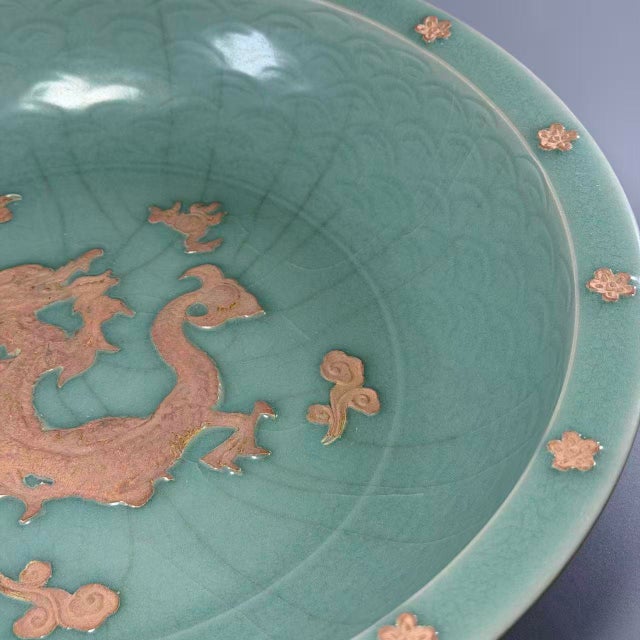 Mid 19th Century Vintage Chinese Longquan Celadon Crackle‑Glaze Shallow Plate With Relief Dragon Motif For Sale - Image 5 of 11