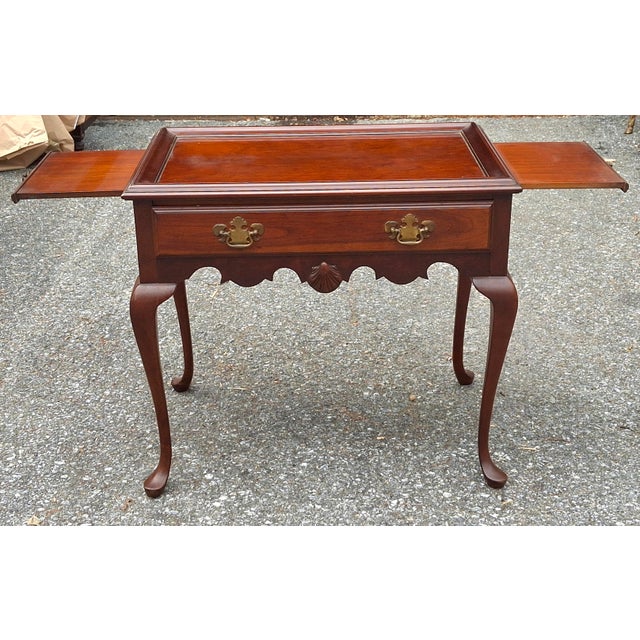 Brown Queen Anne Style Cherry Tea Table With Pull-Out Trays For Sale - Image 8 of 9