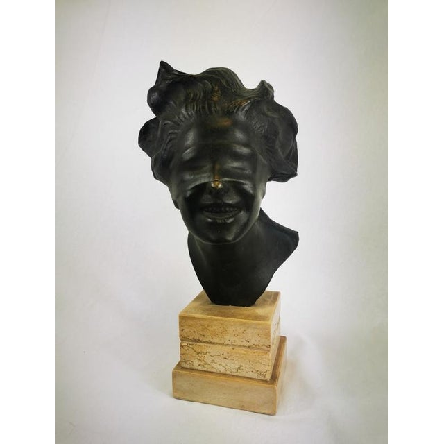 Female bust representing the goddess La Fortuna, Bronze sculpture on a marble base. The bronze is signed by the Italian...
