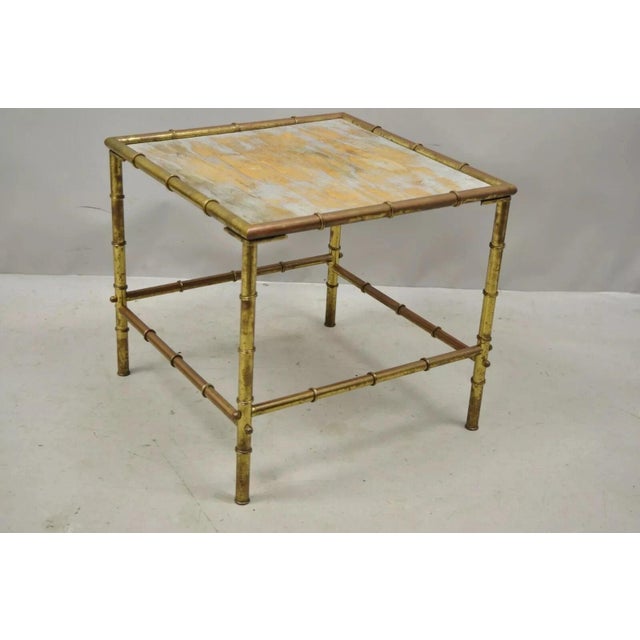 Italian Hollywood Regency Faux Bamboo Brass Tole Metal Low Square Side Table. Circa Mid 20th Century. Measurements: 16" H...