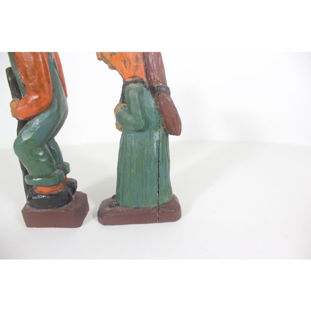 Vintage Hand Carved Painted Wood Man and Woman Folk Art Couple Figurines Carving, Shelf Decor For Sale - Image 12 of 12