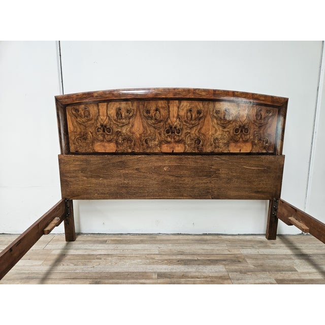 A refined Tuscan Art Deco double bed from the 1940s, crafted from fine burl wood with spectacular natural grain, making...