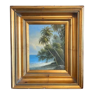 Vintage Coastal Seascape Oil Painting in Gold Giltwood Art Nouveau Frame, Palm Tree Art For Sale