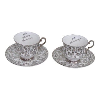 Royal Windsor Bone China Silver 25th Anniversary Tea Cup and Saucer 2 Sets For Sale