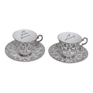 Royal Windsor Bone China Silver 25th Anniversary Tea Cup and Saucer 2 Sets