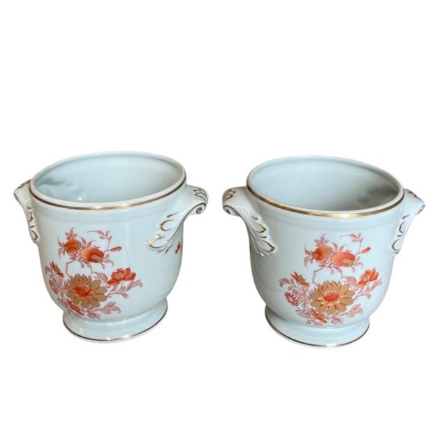 Vintage Floral Porcelain Cachepots With Gilded Rococo Handles For Sale - Image 4 of 12