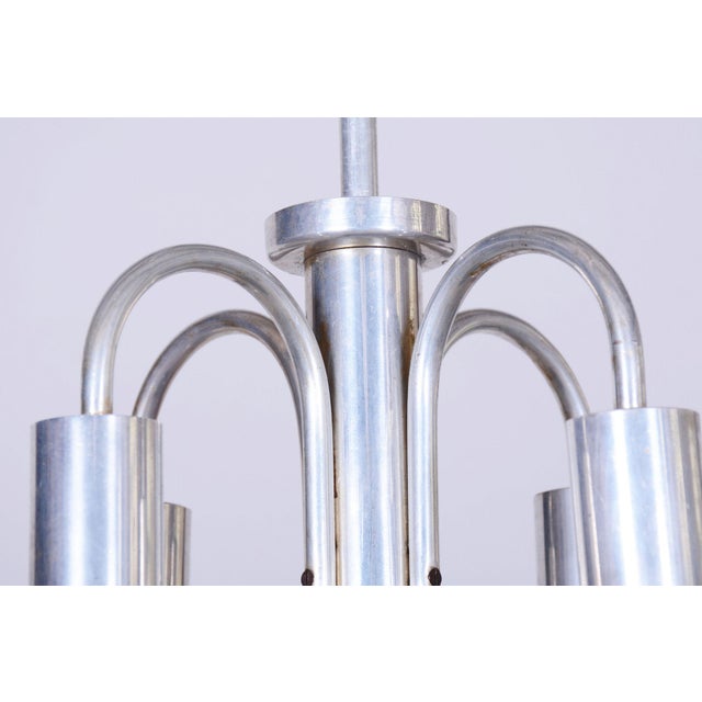 Metal Art Deco Chandelier in Aluminium and Marbled Glass, Czech, 1940s For Sale - Image 7 of 13