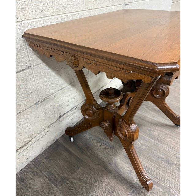 Victorian Antique W & M Salmans Victorian Eastlake Carved Oak Trestle Base Library Table For Sale - Image 3 of 10