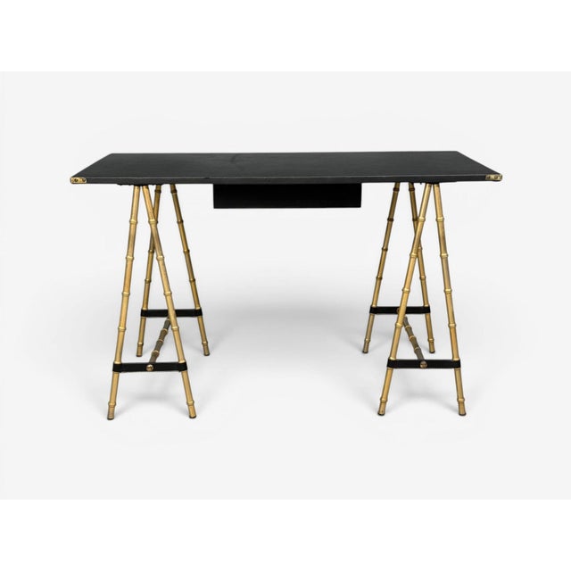 Jacques Adnet Attr., Desk, Black Leather, Brass, France, 1950s For Sale - Image 9 of 15