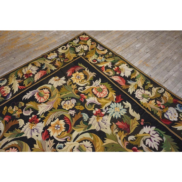Textile 1890s Black Floral Antique European Needlepoint Rug 10'6" X 24'9" Handknotted Wool Carpet For Sale - Image 7 of 11