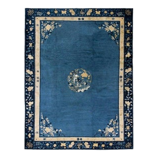 1920s Antique Blue Medallion Oriental Chinese Peking Hand Knotted Rug For Sale