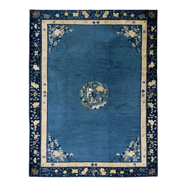 1920s Antique Blue Medallion Oriental Chinese Peking Hand Knotted Rug For Sale