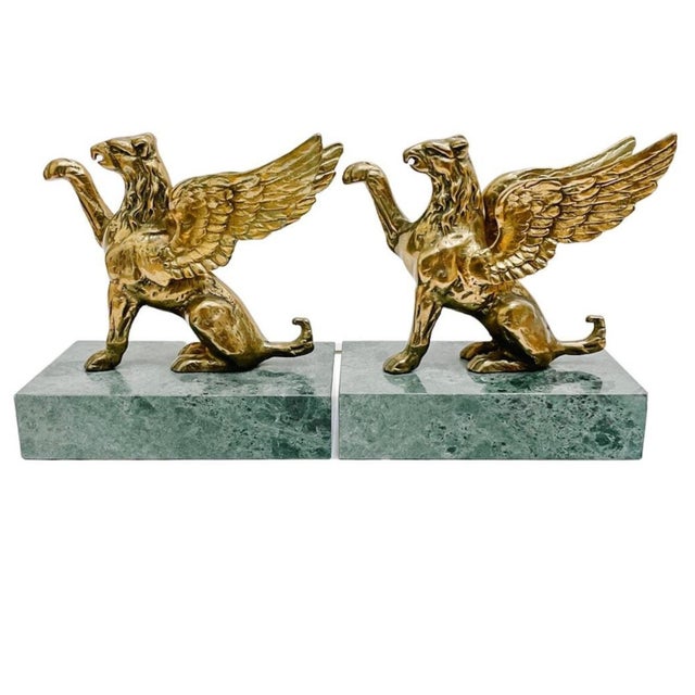 1970s Brass Griffins on Green Marble Bases Bookends - A Pair For Sale - Image 4 of 8