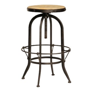 Farmhouse Wood & Iron Round Adjustable Stool For Sale