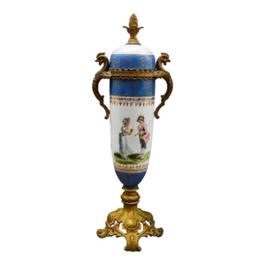 Sevres Style Antique French Hand Painted Porcelain Bronze Ormolu Mounts Urn Vase