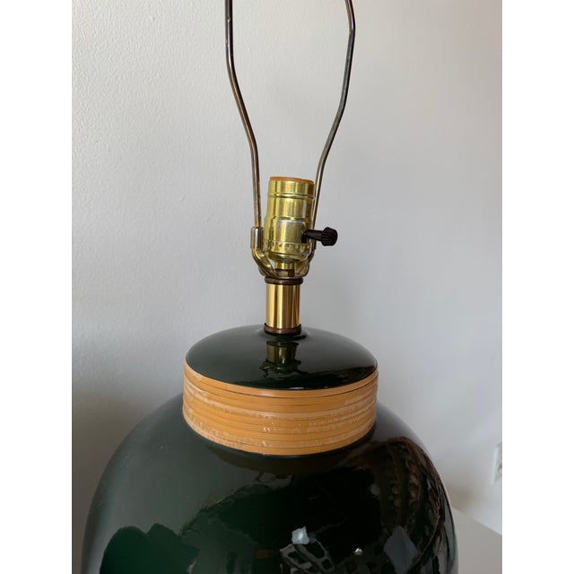 1980’s Vintage Green Glazed Ceramic and Rattan Table Lamps – A Pair For Sale - Image 4 of 12