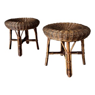 Low Bamboo and Rattan Ottomans, Italy, 1960s, Set of 2 For Sale