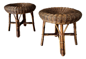 Low Bamboo and Rattan Ottomans, Italy, 1960s, Set of 2