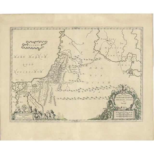 Antique map titled 'Tabula Itineraria Patriarcharum Abrahami, Isaaci et Iacobi'. Decorative regional map of the Holy Land,...