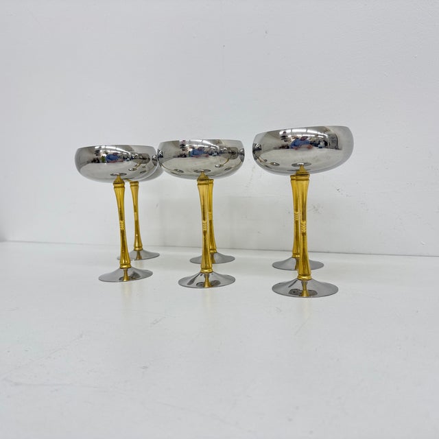 Mid-Century Italian Stainless Steel and Brass Champagne Coupes, 1970s, Set of 6 For Sale - Image 9 of 14