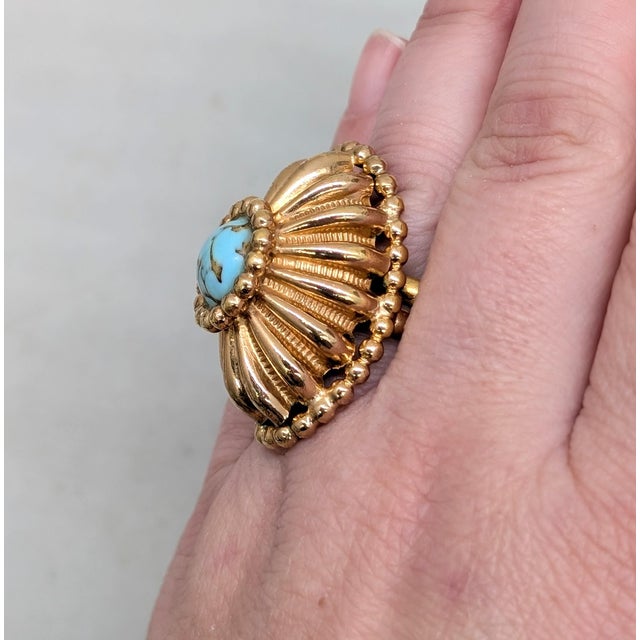 Mid-Century Modern Vintage 1960s Signed Napier Goldtone Faux-Turquoise Adjustable Cocktail Ring For Sale - Image 3 of 14
