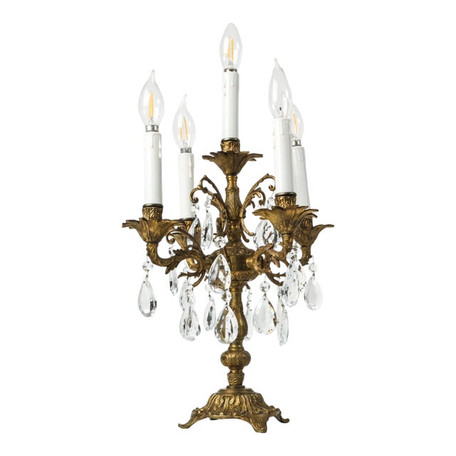Vintage Brass and Crystal Table Chandelier 5 Arm Candelabra Lamp For Sale