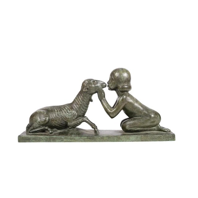 Bronze 'Girl Kissing a Lamb' Art Deco Bronze Sculpture For Sale - Image 8 of 9